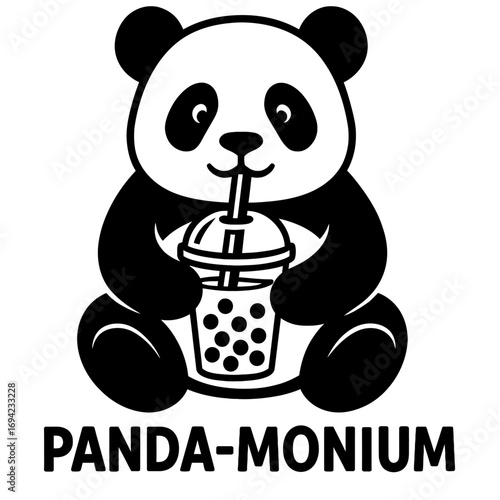 PANDA-MONIUM: Adorable black and white cartoon panda mascot sipping refreshing bubble tea (boba) with tapioca pearls. Whimsical graphic of a cute bear enjoying a sweet beverage, perfect for playful br
