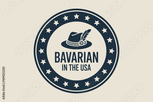 A bavarian themed logo with a hat and feather inside a star studded circle with text in the center