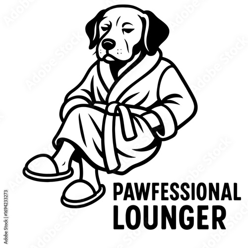 "PAWFESSIONAL LOUNGER" graphic featuring a laid-back, relaxed dog, possibly a Labrador Retriever, in a stylish bathrobe and comfortable slippers, embodying ultimate chill and comfort. This humorous an