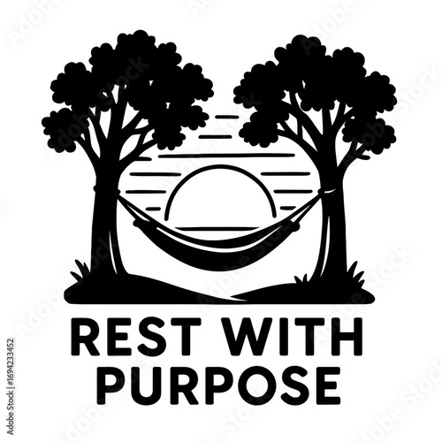 Mindful Outdoor Relaxation: A serene graphic depicting a hammock tied between two lush trees, silhouetted against a tranquil sunset or sunrise, embodying the essence of 'REST WITH PURPOSE' for ultimat