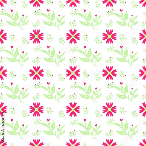 Seamless Floral Pattern with Pink Red Flowers and Green Leaves on White Background