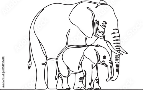 Mother and baby elephant continuous line drawing parent