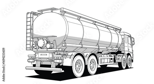 Illustration of a tanker truck isolated on white background, showcasing its cylindrical tank, ladder, wheels, and overall design in a detailed line drawing