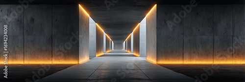 A long, empty, modern corridor with minimalist concrete walls and a symmetrical design. Warm, glowing lights line the edges, creating a futuristic and atmospheric pathway.
