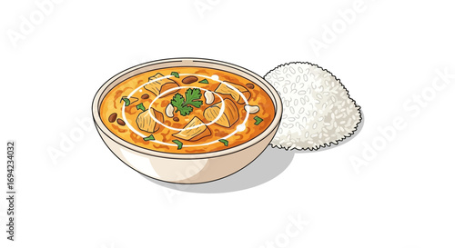 A bowl of delicious homemade paneer butter masala with rice illustration
