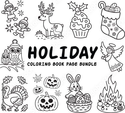 Holiday coloring book page bundle isolated on white background 4 