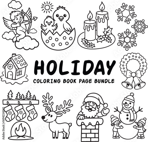 Holiday coloring book page bundle isolated on white background 2 