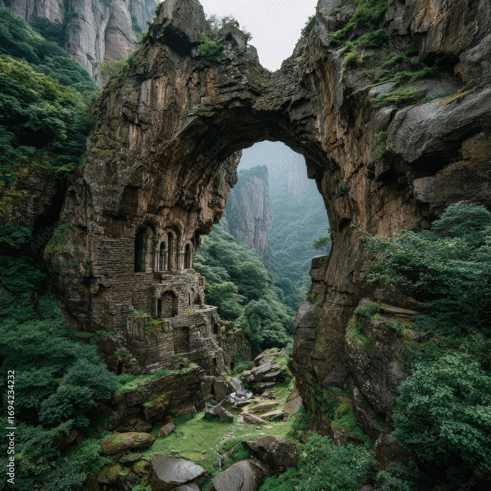 Fototapeta premium Natural archway through rugged mountains. Lush greenery surrounds