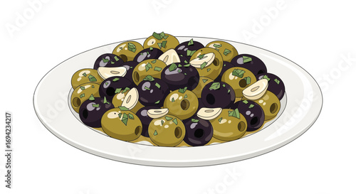 A vibrant platter of mixed olives with garlic and herbs illustration