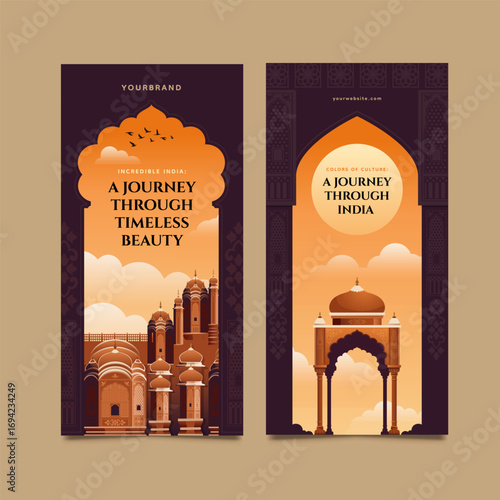 Hand-Drawn Flat Illustrations of Famous Indian Palaces Vertical Banner Set