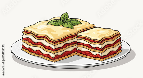 Appetizing lasagna stack with fresh basil garnish on a white plate