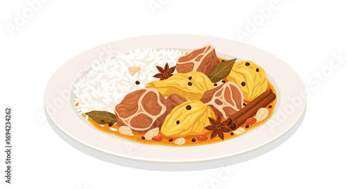Aromatic and Flavorful Beef Stew with Rice Served on a Ceramic Plate