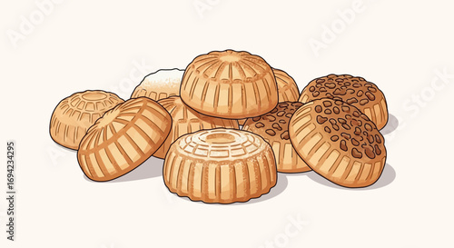 Artistic depiction of maamoul cookies, showcasing various intricate patterns
