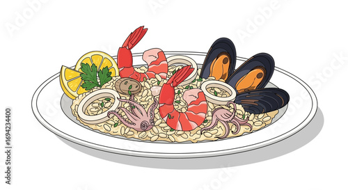 Artistic rendering of a seafood paella dish with shrimp, mussels and squid