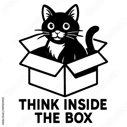 Charming black and white cartoon cat playfully sitting inside a plain cardboard box with the witty, thought-provoking text "THINK INSIDE THE BOX" boldly displayed below, offering a humorous and litera
