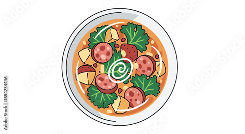 Artistic rendition of hearty minestrone soup featuring sausage and kale