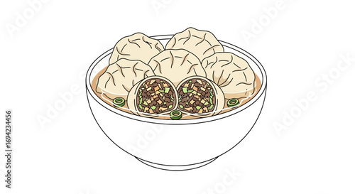 Artistic rendition of hearty dumpling soup in a pristine white bowl