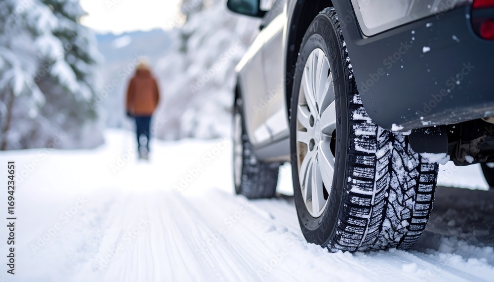 Fototapeta premium A wintery scene depicts a vehicle parked on a snow-covered road with a blurred figure of a person walking in the background, surrounded by trees. The tires' treads are visible