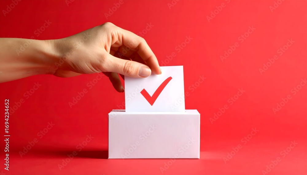 Obraz premium A person casting their vote during an election, placing a ballot with a red checkmark into a polling box against a vibrant red backdrop