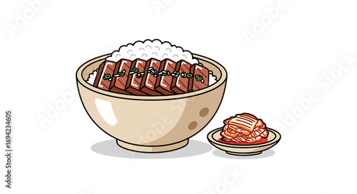 Bowl of Donburi and Kimchi Isolated on White Background Cartoon Style