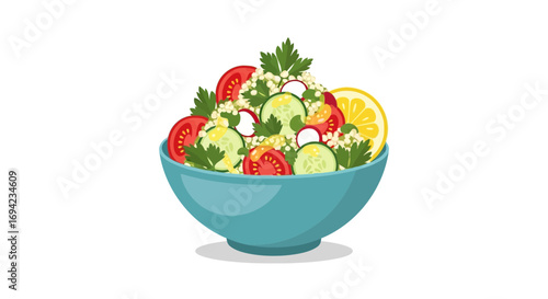 Bowl brimming with vibrant couscous salad and citrus dressing illustration