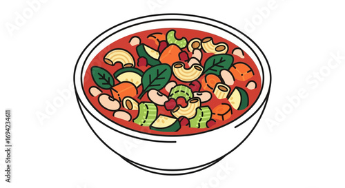 Bowl of hearty minestrone soup illustration in vibrant flat design style
