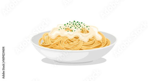 Bowl of Linguine Pasta Topped with Creamy Sauce and Fresh Herbs Vector