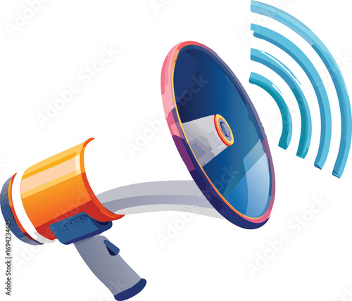 A vibrant megaphone broadcasts a message, its sound waves radiating outwards.