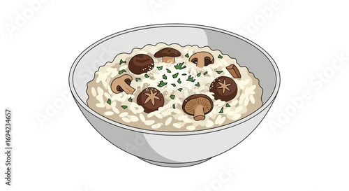 Bowl of mushroom risotto artfully arranged with garnish presentation