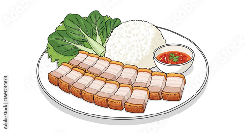 Captivating dish showcasing crispy pork belly with steamed rice and vegetables