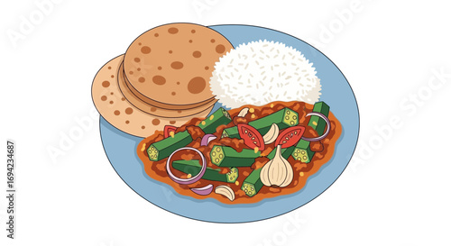 Captivating vegetarian Indian dish with okra curry, rice and chapati bread