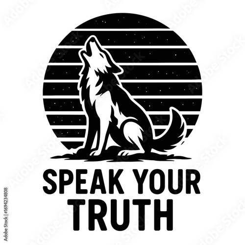 Howling Wolf 'Speak Your Truth' Vintage Black & White Graphic Tee Design with Distressed Retro Striped Sunset Background – Empowering Wildlife Art for Authentic Self-Expression & Bold Advocacy.