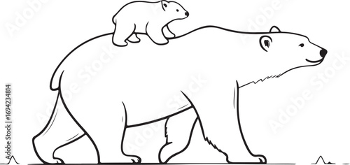 Polar Bear Mother and Cub Walking Together Line Art