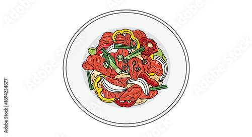 Colorful korean beef bulgogi dish with vegetable on a white plate