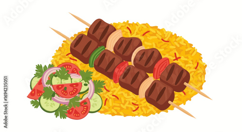 Delectable Shish Kebab Skewers Served with Aromatic Rice and Fresh Salad