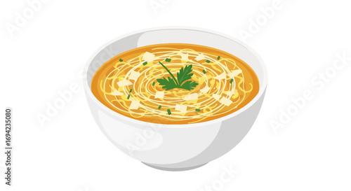 Delicate illustration of steaming noodle soup garnished with parsley sprig