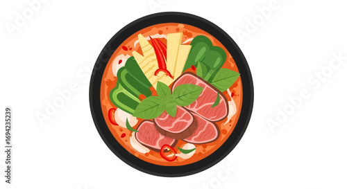 Delicious asian culinary featuring sliced meat, greens, and chili peppers