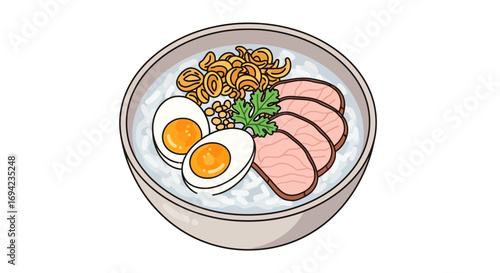 Delicious and visually appealing bowl of rice porridge with accompaniments