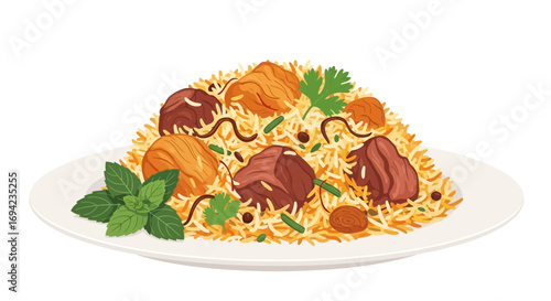 Delicious Biryani Platter with Meat and Rice Culinary Illustration