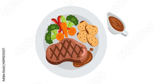 Delicious beef steak with roasted potatoes and fresh vegetables assortment