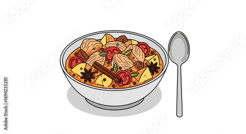 Delicious bowl of stew with chicken tomatoes and aromatic spices artwork