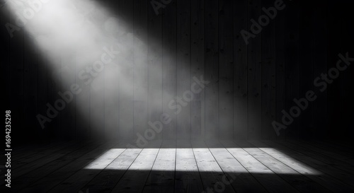 Dramatic Spotlight on Wooden Floor Dark Room, Stage Lighting, Grey Wood, Empty Space, Product Photography Background
