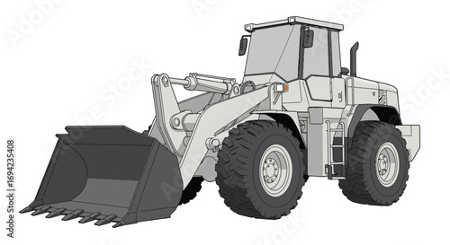 Illustration of a front loader isolated on white background, a heavy equipment machine used in construction and mining for moving materials like soil and rocks
