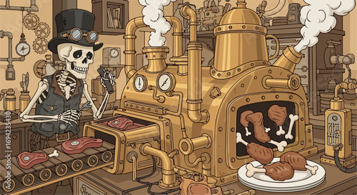 Steampunk factory scene with skeleton worker at steampunk factory. This steampunk factory produces meat, bones are seen in the oven. Funny steampunk factory scene for animation or creative projects,