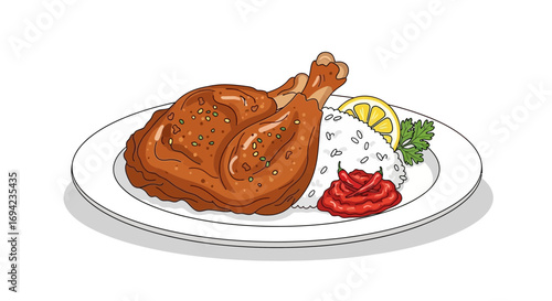 Delicious cartoon style plate of fried chicken with rice illustration