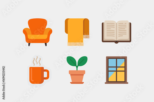 Cozy Home Interior Design with Armchair Scarf Book Coffee Plant and Window Illustrations Concept for a Relaxing and Comfortable Atmosphere