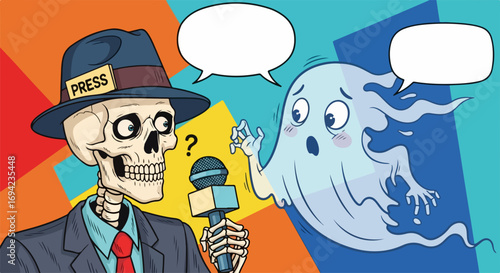 Interview with ghost featuring skeleton reporter wearing fedora and suit, holding microphone. Interview with ghost in cartoon comic style with question mark above skeleton.