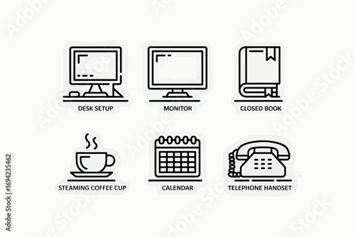 Office and Business Icon Collection Featuring Desk Setup Monitor Book Coffee Calendar and Telephone Handset Representing Workspace Essentials