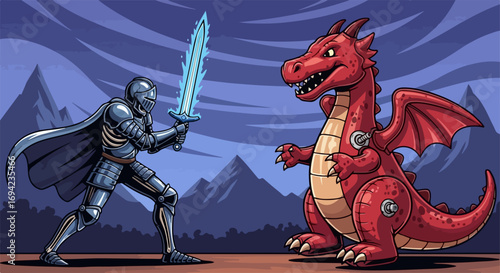 Knight versus dragon in cartoon style, featuring medieval armor and fantasy landscape. Knight versus dragon artwork displays classic battle with shining sword and brave warrior.