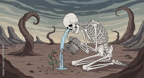 Conceptual image skeleton waters flower in arid landscape, depicting hope. Skeleton waters flower as symbolic representation of perseverance and effort against despair.
